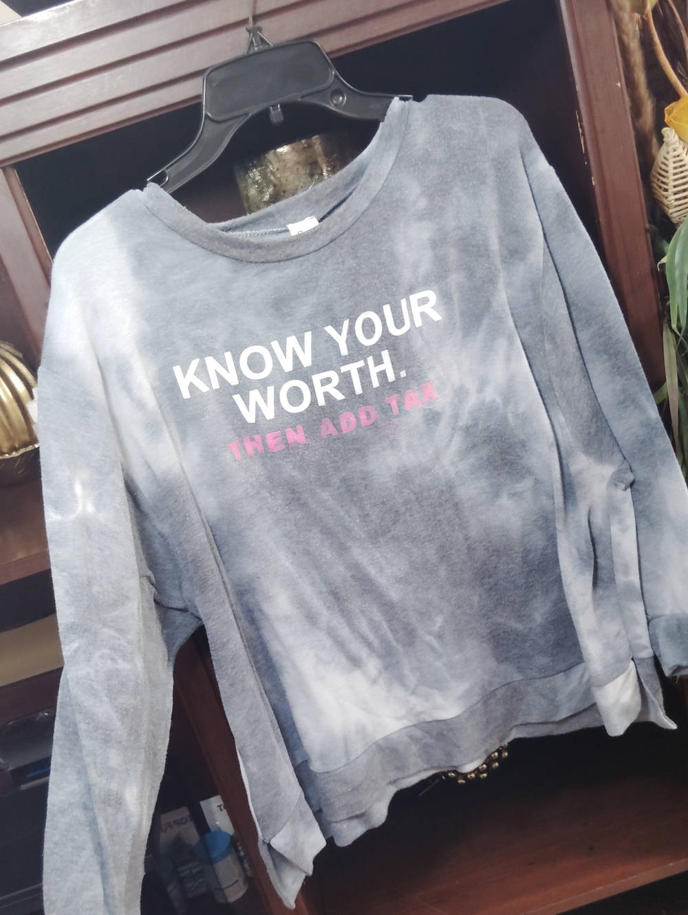 Sew In Love Gray Tie-Dye Crewneck Sweater with Pink Accent